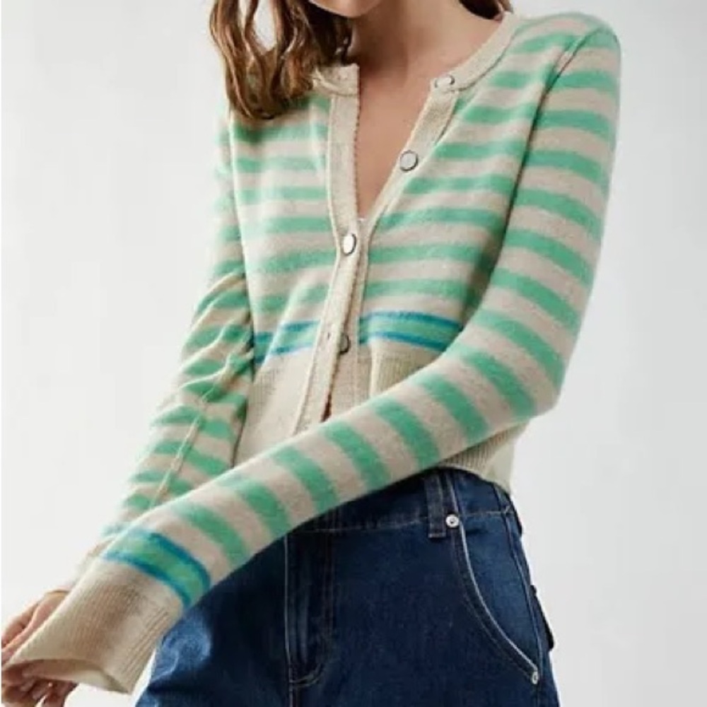 Free People Sailor 100% Cashmere Striped Cardigan Green Sweater